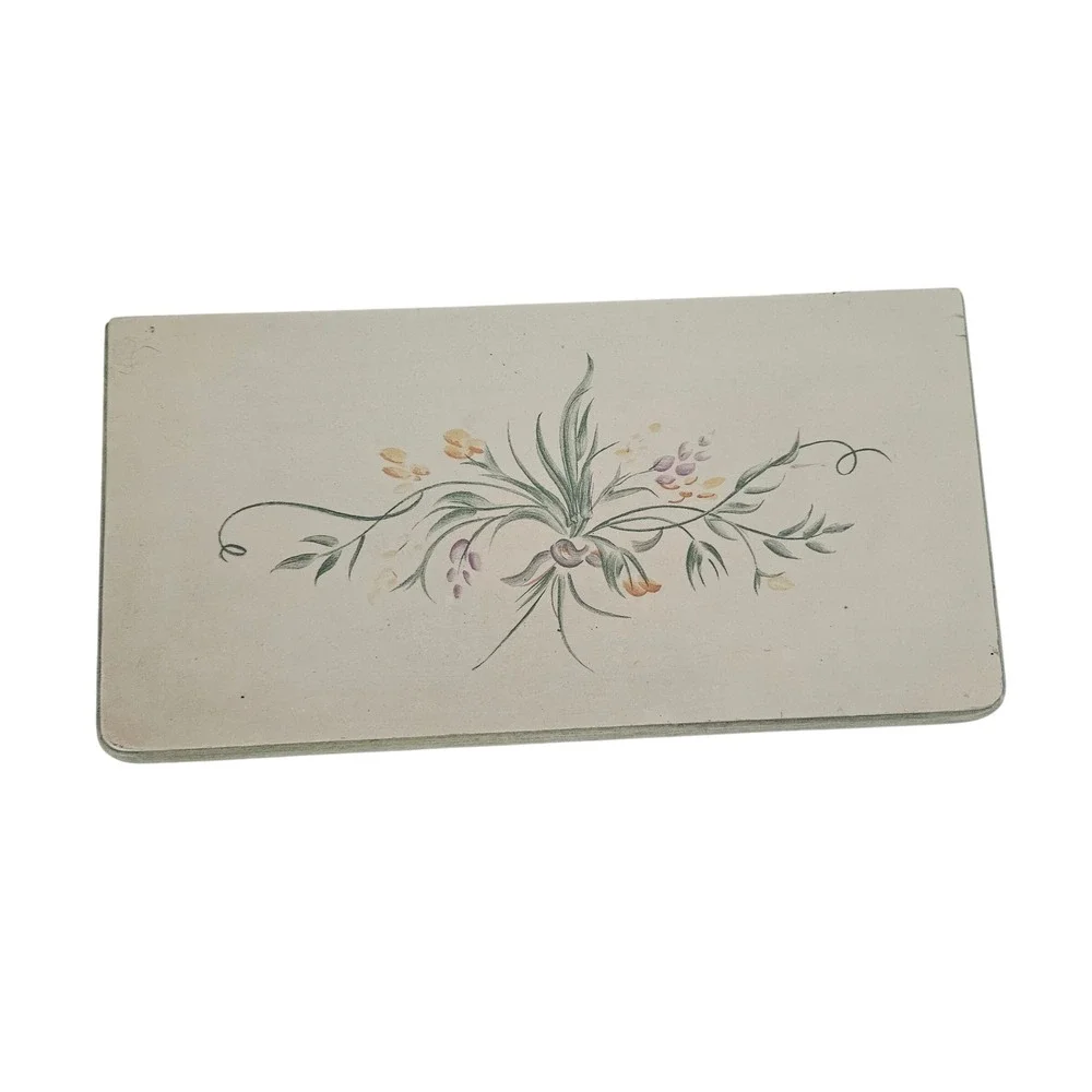 Vintage Floral Wood Jewelry Box Cream Green Hand Painted Mirror Removable Tray